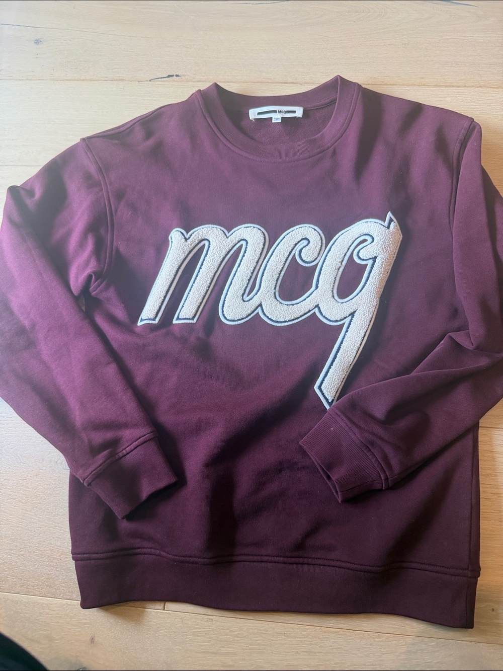 McQ by Alexander McQueen Burgundy Crewneck Sweatshirt with Cream Logo